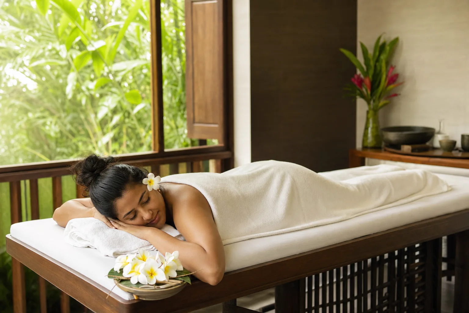 Woman relaxing on a spa massage table with tropical flowers in a serene Sri Lankan wellness retreat